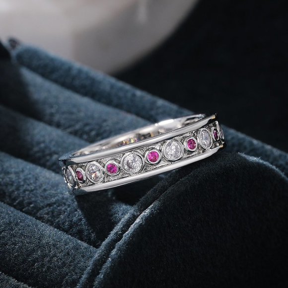 ✨Eternity 925 Silver Plated White Red Inlaid CZ Bling Dainty Rings, UNVN12236 - Picture 1 of 3